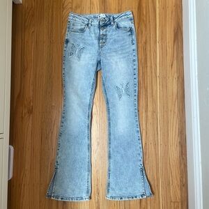 Light Blue Flared Jeans with Butterfly Embroidery